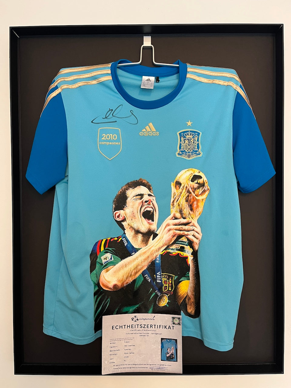 Spain jersey portrait of Iker Casillas, hand-painted and signed, Adidas XL