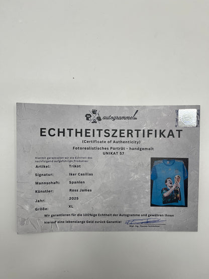 Spain jersey portrait of Iker Casillas, hand-painted and signed, Adidas XL