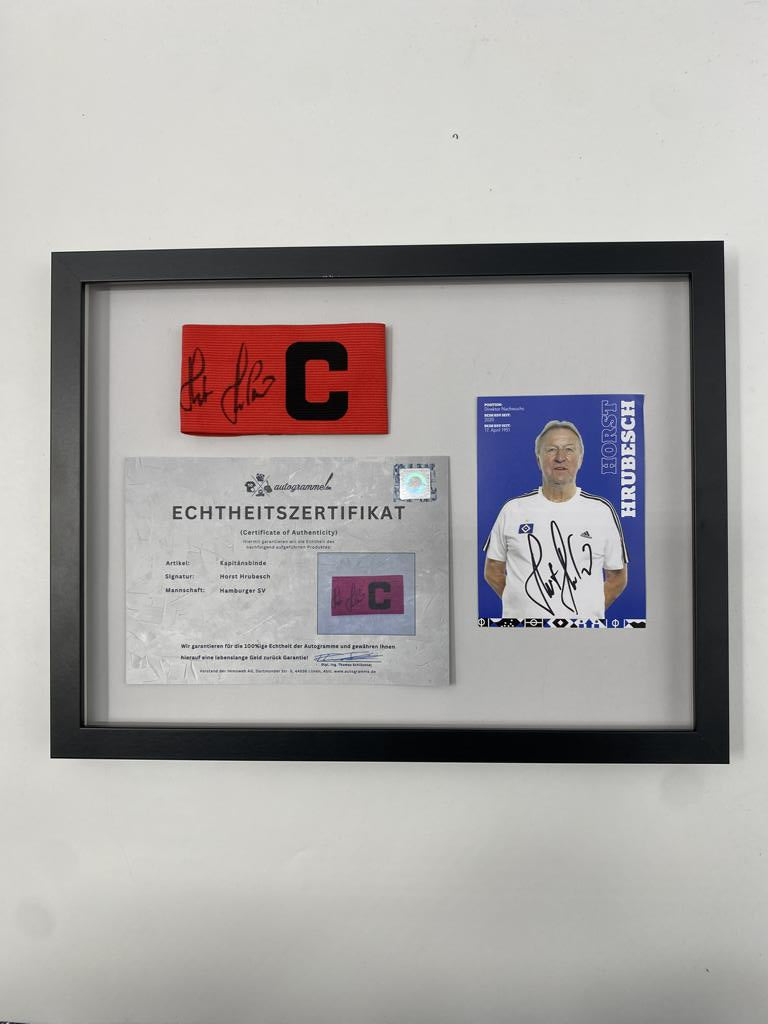 Captain's armband signed by Horst Hrubesch in a frame, Hamburger SV autograph COA