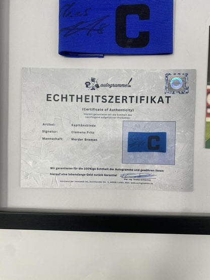Captain's armband signed by Clemens Fritz in the Werder Bremen COA football frame