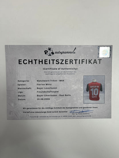 Match-worn Leverkusen jersey worn and signed by Florian Wirtz on August 10, 2024