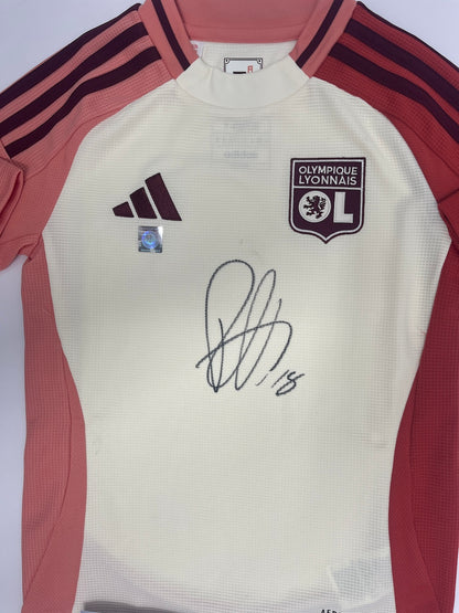 Olympique Lyon jersey signed by Rayan Cherki, framed COA, Adidas football, size 128