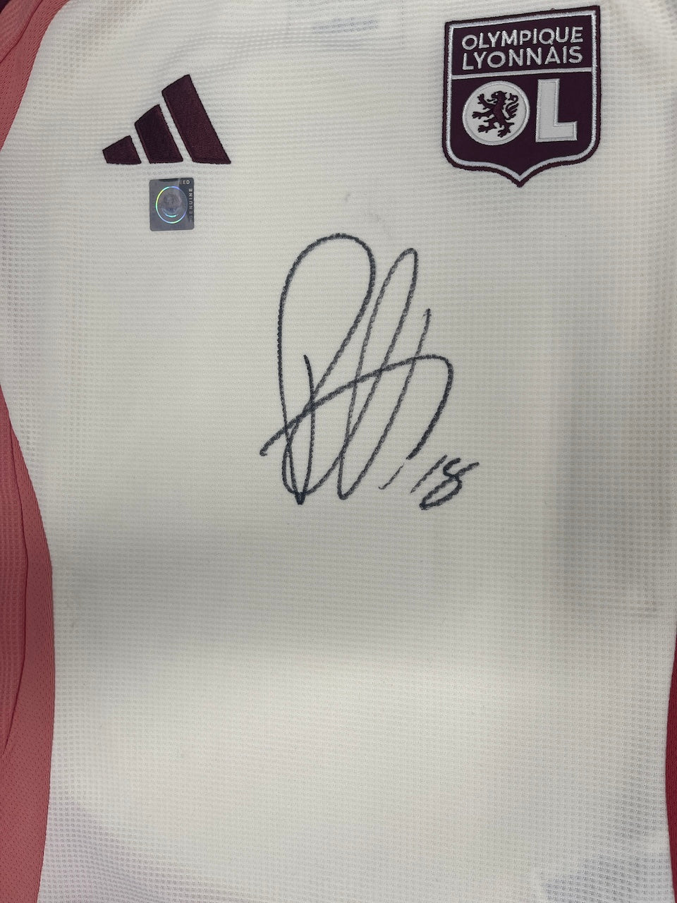 Olympique Lyon jersey signed by Rayan Cherki, framed COA, Adidas football, size 128