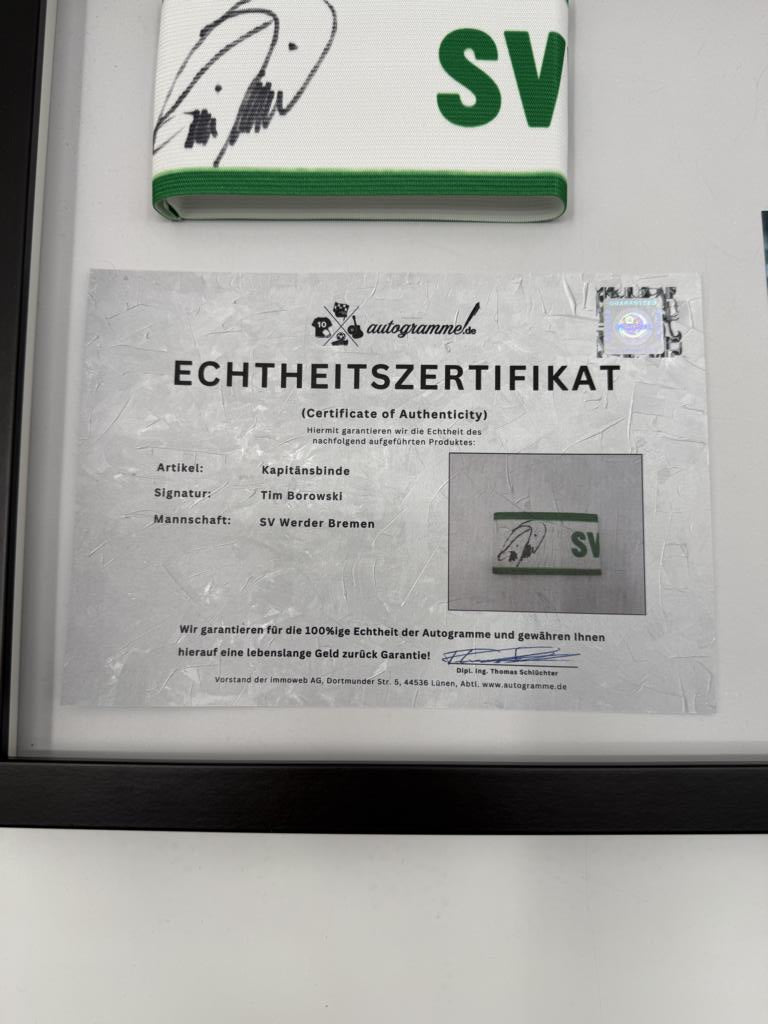 Kapitänsbinde Tim Borowski signiert im Rahmen Werder Bremen COA Fußball