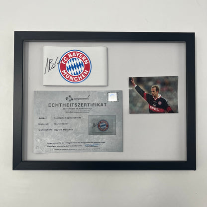 Kapitänsbinde Mario Basler signiert im Rahmen Bayern München