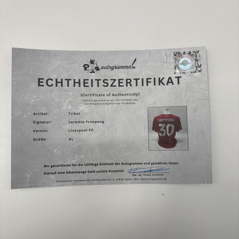 Liverpool FC Trikot Jeremie Frimpong signiert Autogramm Adidas COA XL