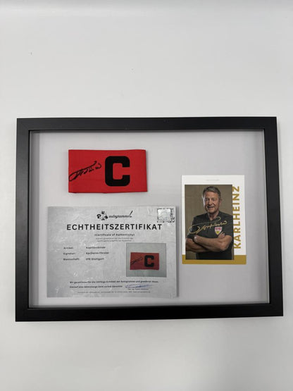 Kapitänsbinde Karlheinz Förster signiert im Rahmen VFB Stuttgart Fußball Autogramm
