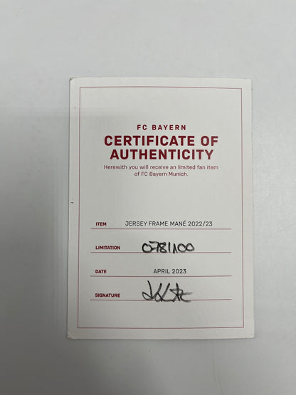Bayern Munich jersey signed by Sadio Mane, framed with COA, Adidas brand new