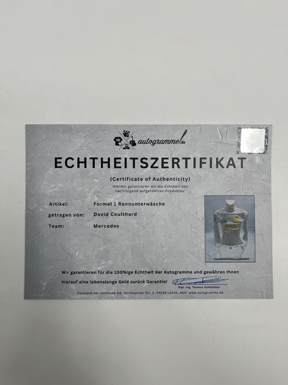 David Coulthard Formula 1 original worn racing underwear COA