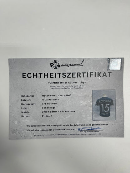 Match-worn VfL Bochum jersey worn and signed by Felix Passlack on December 14, 2024