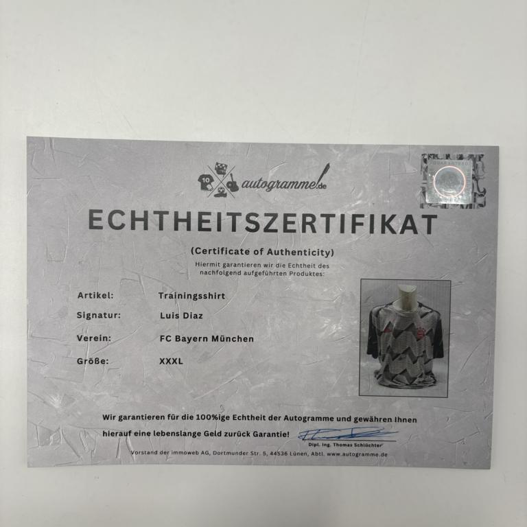 Bayern München Trainingsshirt Luis Diaz signiert im Rahmen COA Adidas 3XL