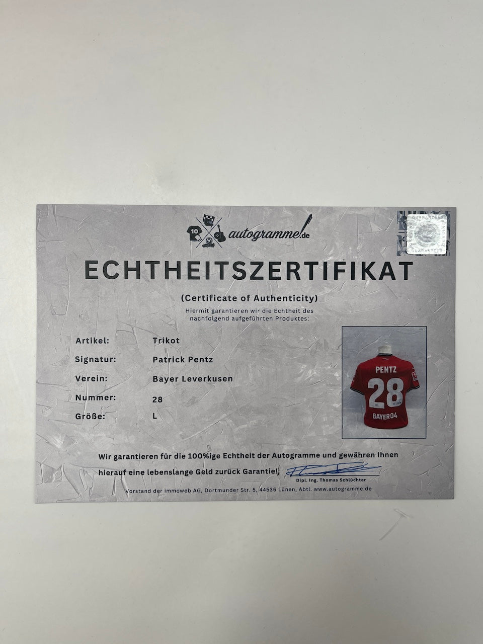 Bayer Leverkusen jersey signed by Patrick Pentz, Bundesliga COA L