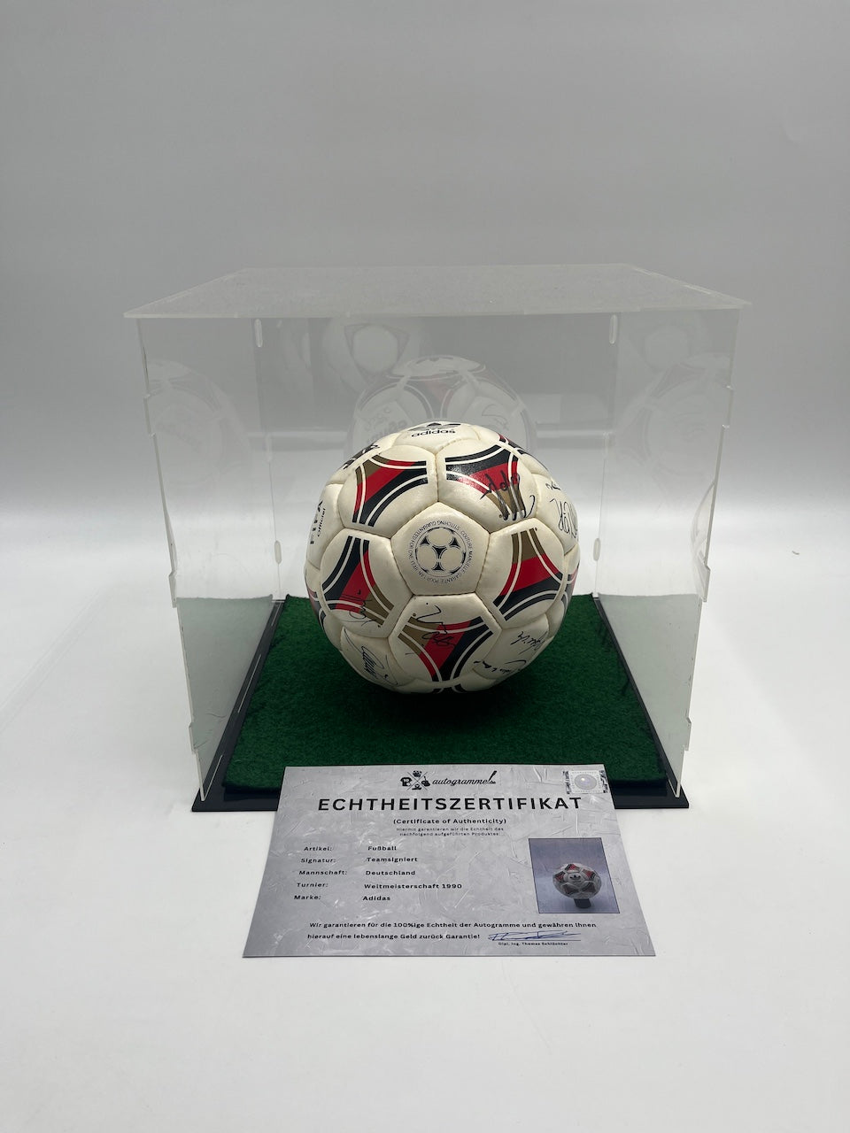 Football team autographed World Cup 1990 in display case DFB autograph Adidas ball