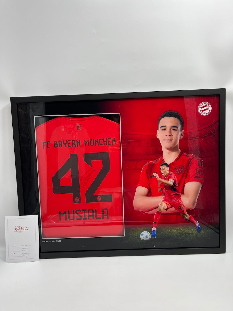 Bayern Munich jersey signed by Jamal Musiala in a COA Adidas frame