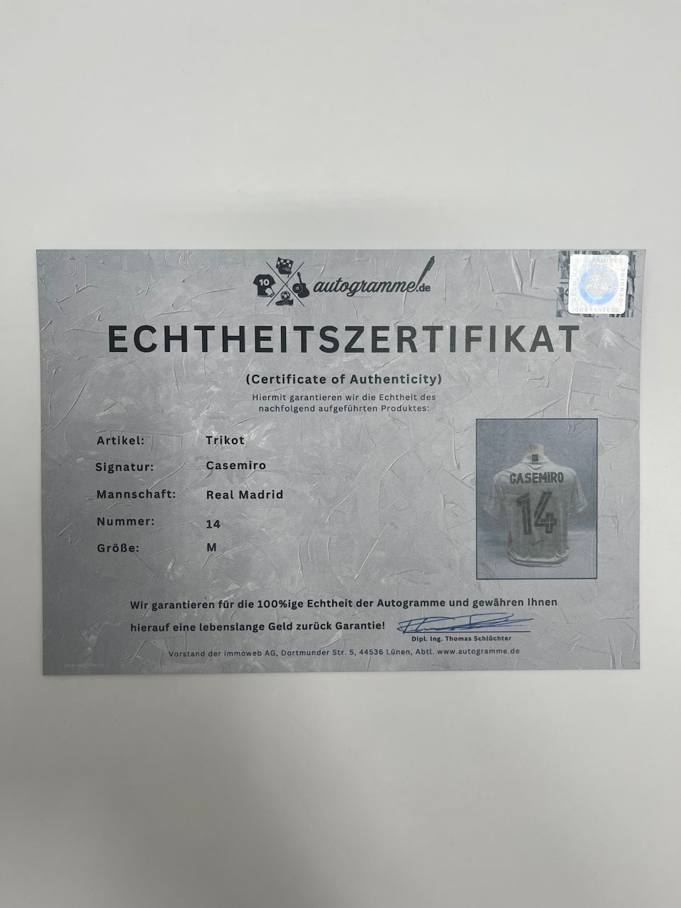 Real Madrid jersey signed by Casemiro, autographed Adidas COA M