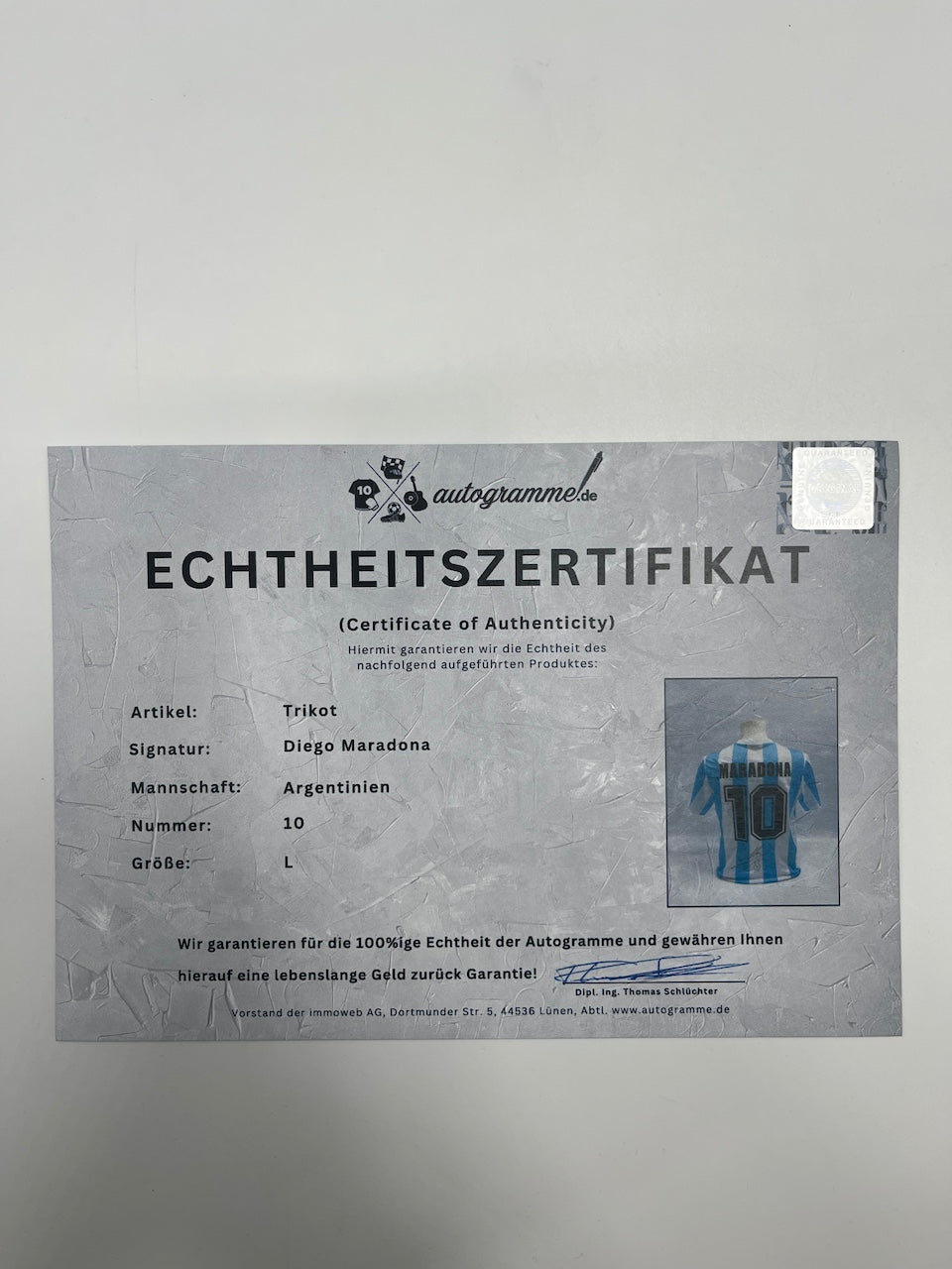 Argentina jersey signed by Diego Maradona, autographed COA L