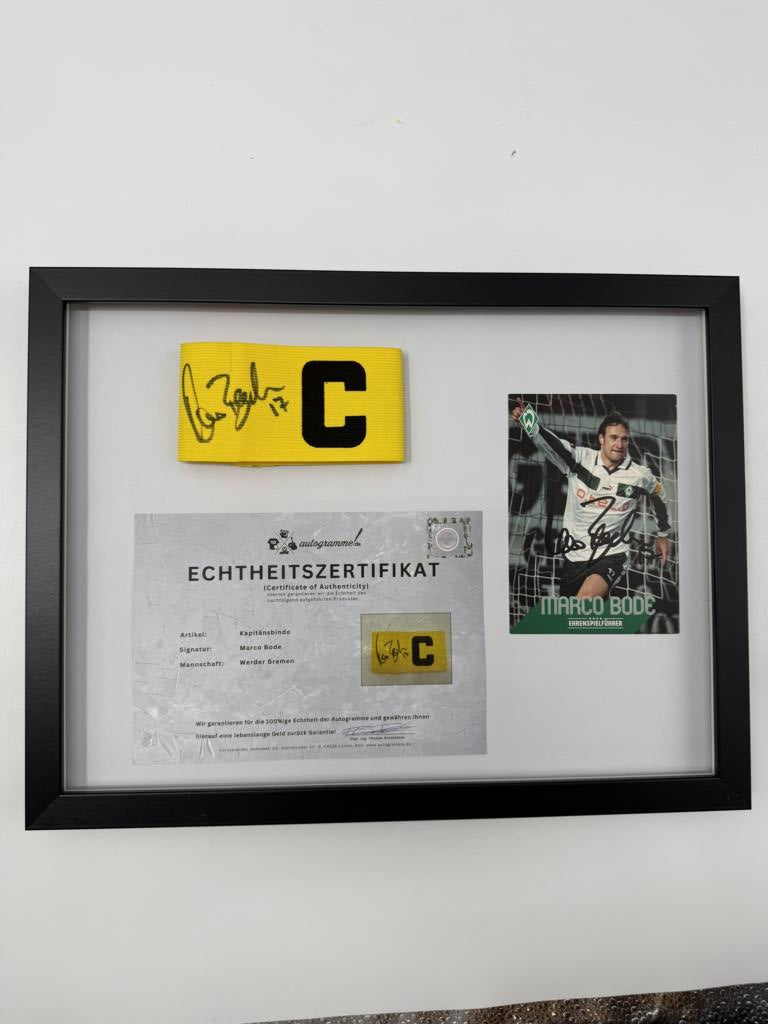 Kapitänsbinde Marco Bode signiert im Rahmen Werder Bremen COA Fußball