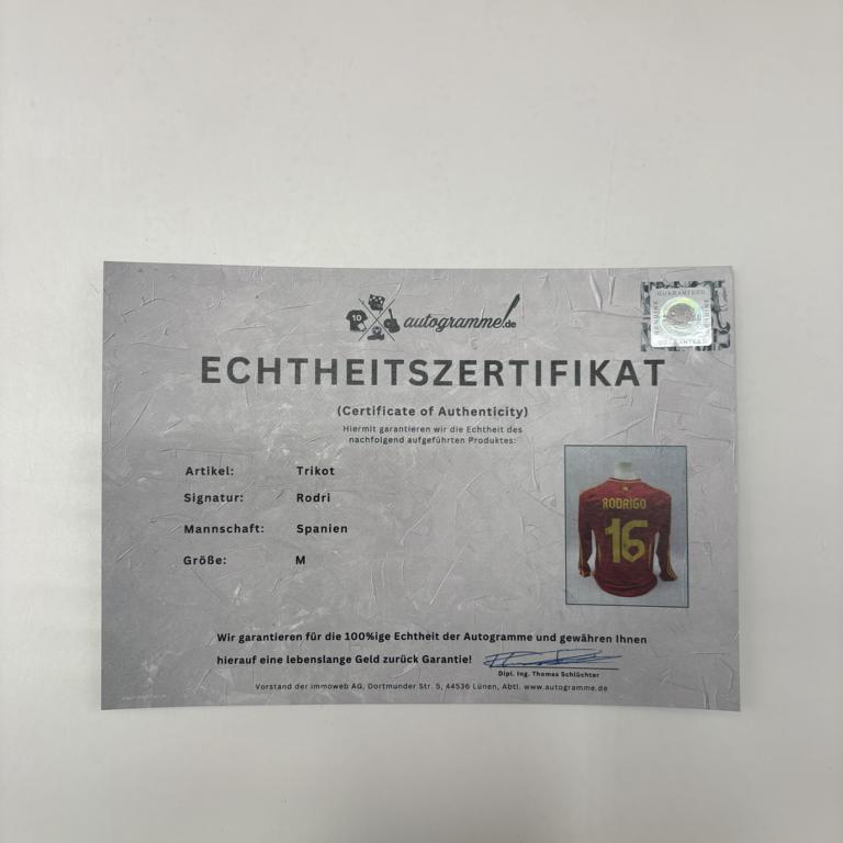 Spanien Trikot langarm Rodri signiert Adidas COA Autogramm M
