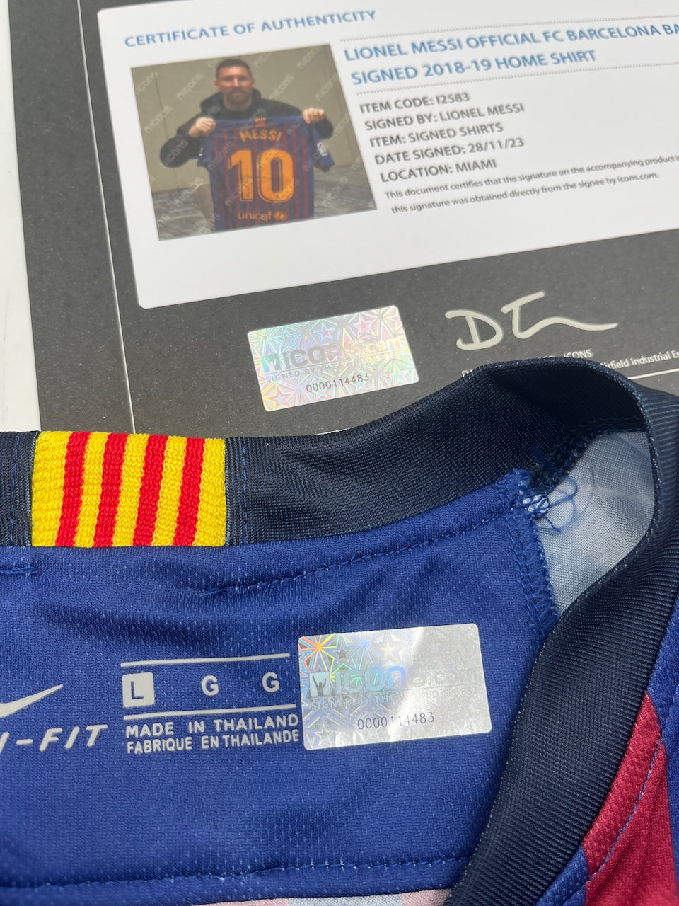FC Barcelona jersey signed by Lionel Messi, autographed, Nike COA L