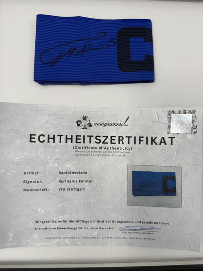 Kapitänsbinde Karlheinz Förster signiert im Rahmen VFB Stuttgart Fußball Autogramm