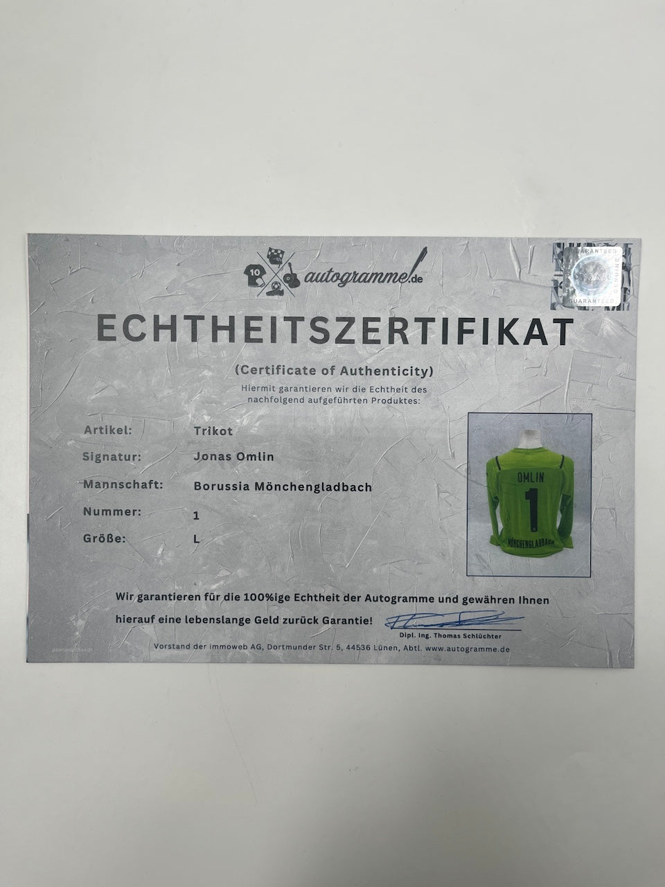 Borussia Mönchengladbach jersey signed by Jonas Omlin, autographed by Puma L