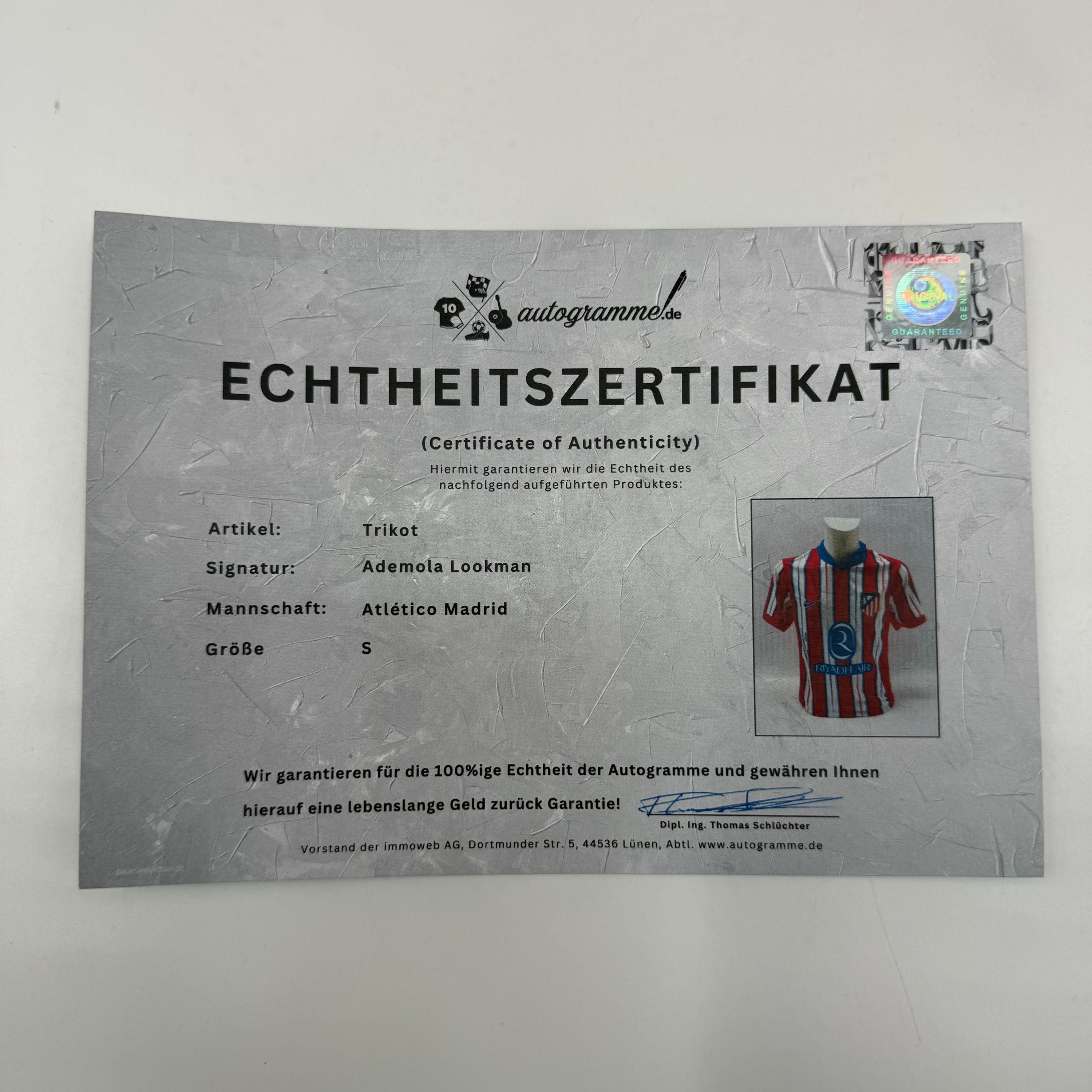 Atletico Madrid Trikot COA Ademola Lookman signiert Autogramm Nike S