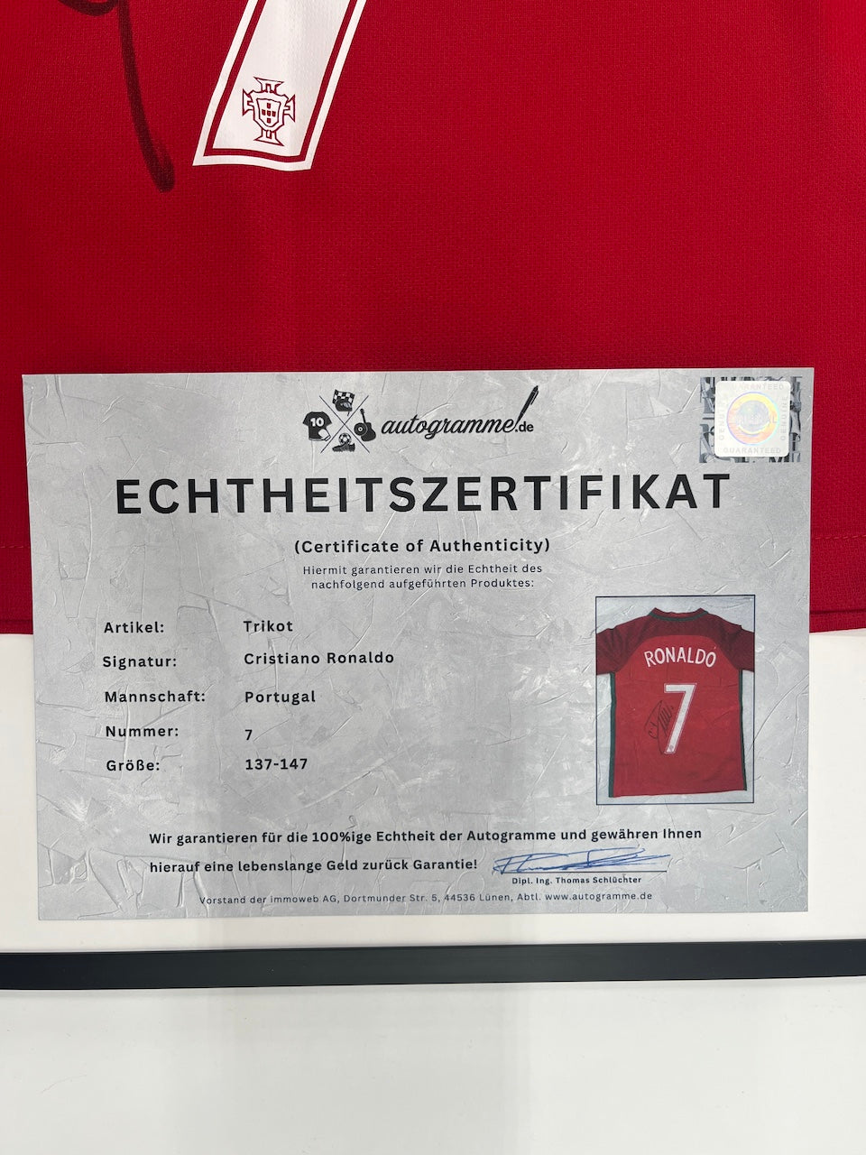 Portugal Trikot Cristiano Ronaldo signiert im Rahmen Nike COA 137-147