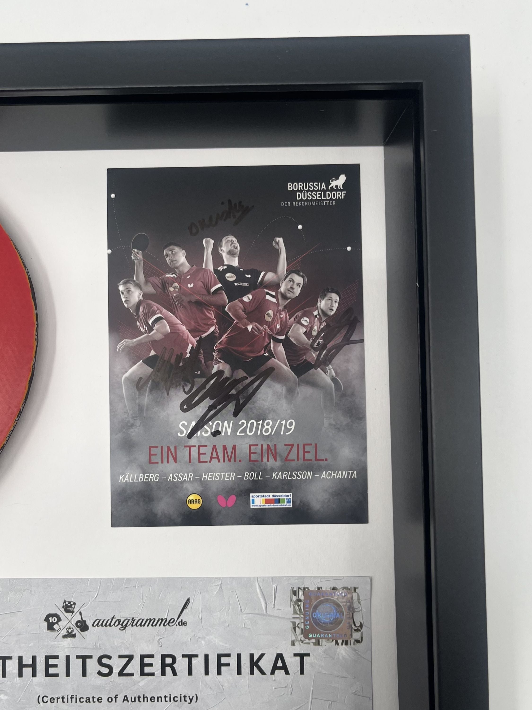 Tischtennisschläger Timo Boll signiert im Rahmen Autogramm Borussia Düsseldorf