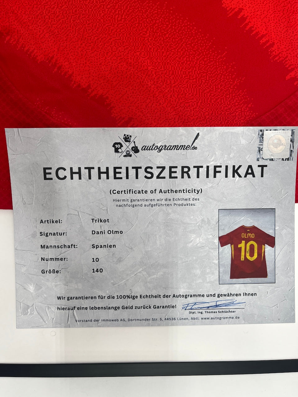 Spanien Trikot Dani Olmo signiert im Rahmen Adidas COA 140