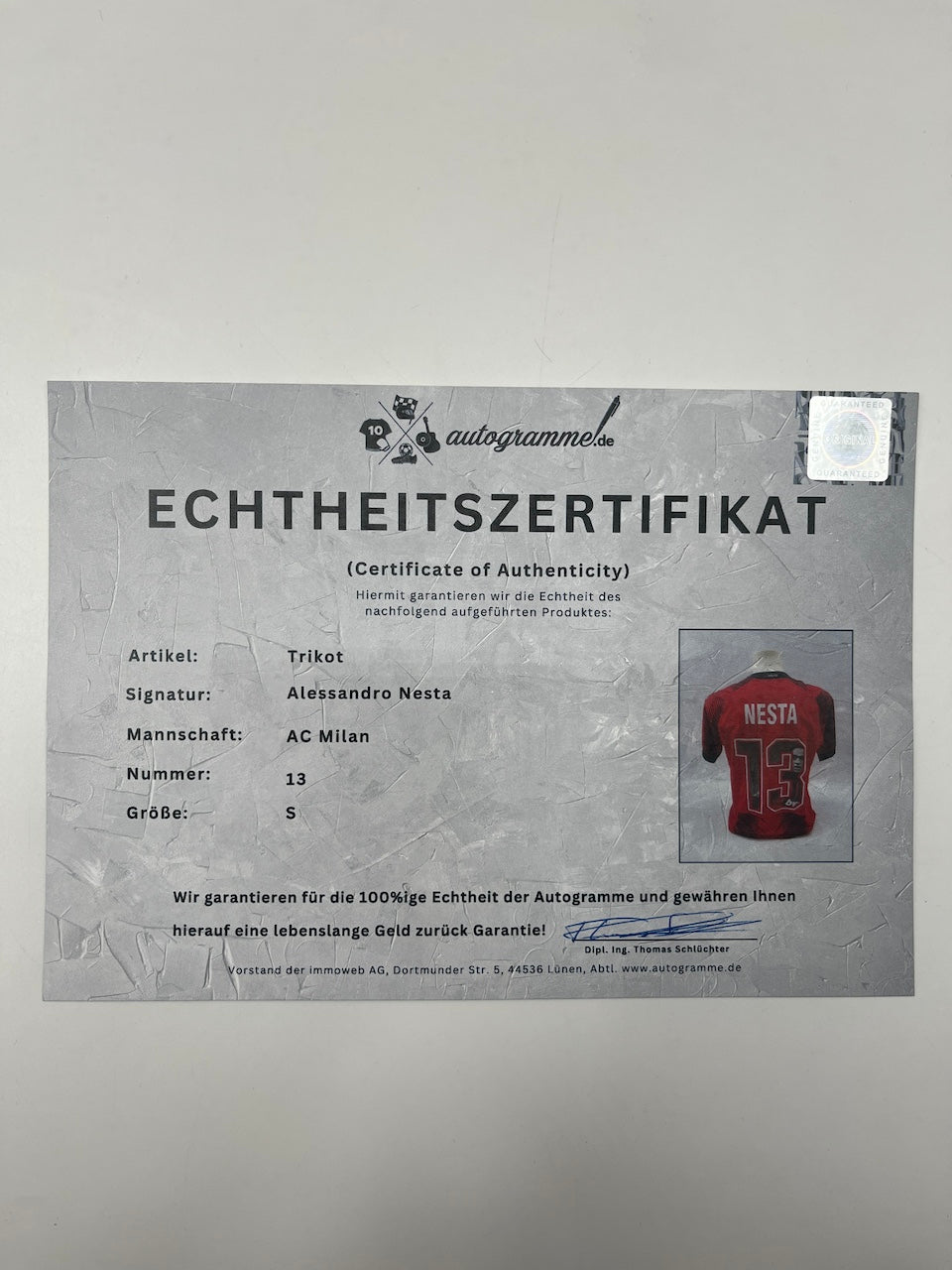 AC Milan jersey signed by Alessandro Nesta, autographed, Puma COA M