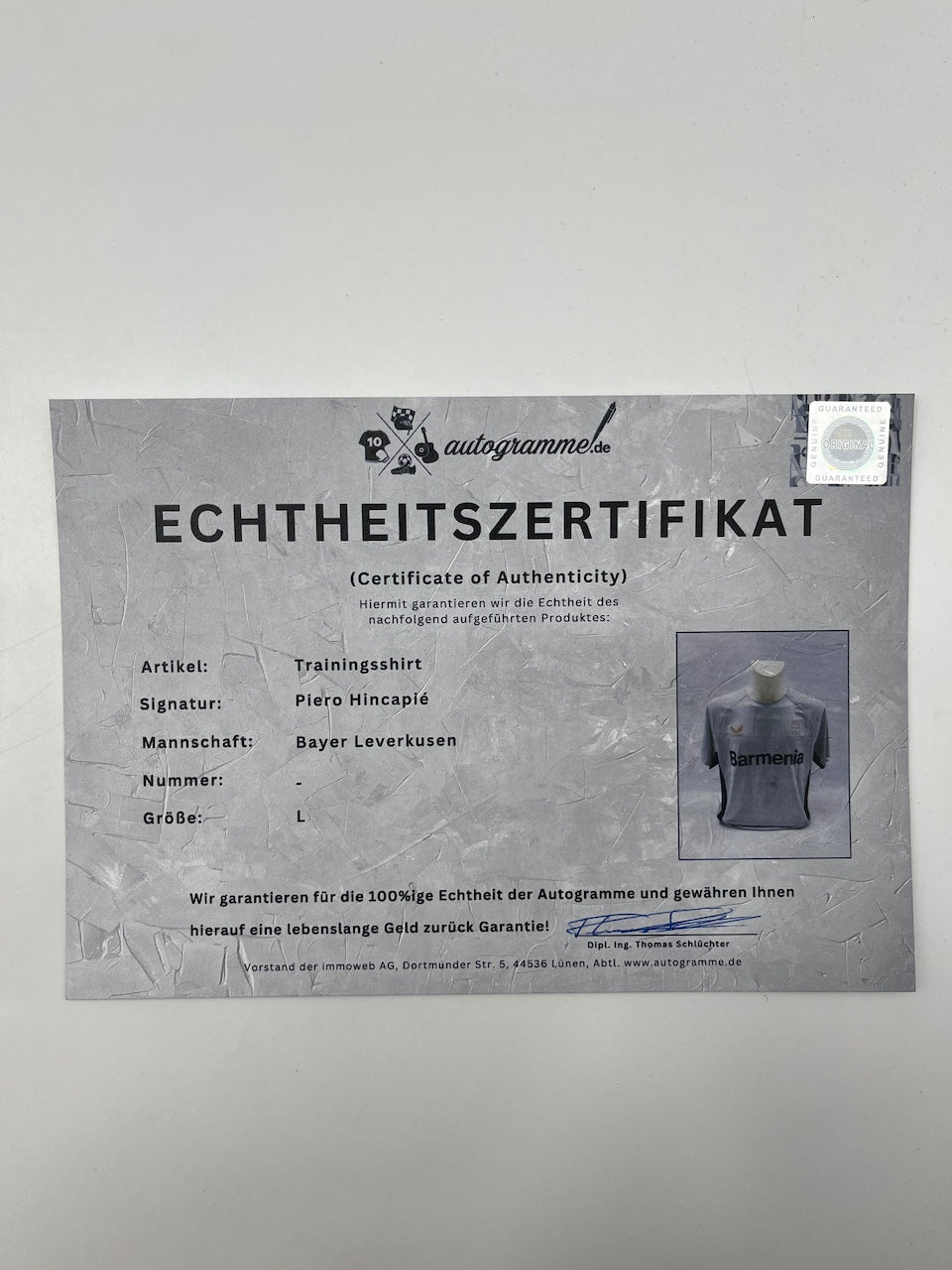 Bayer Leverkusen training shirt signed by Piero Hincapie, Castore L