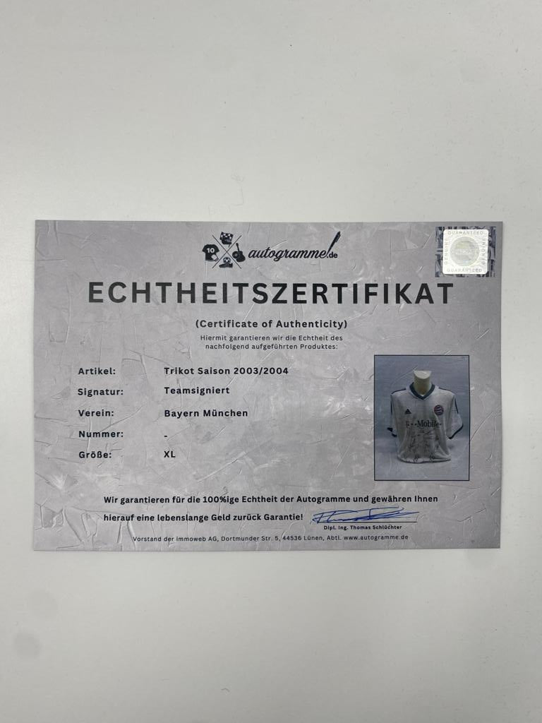 Bayern Munich jersey 2003/2004, team signed, autographed, COA, Adidas XL