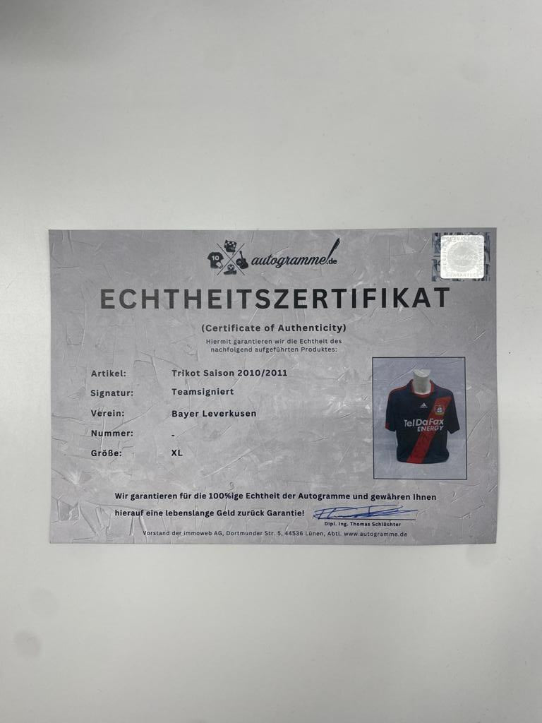 Bayer Leverkusen jersey 2010/2011, team signed, autographed, COA, Adidas, XL