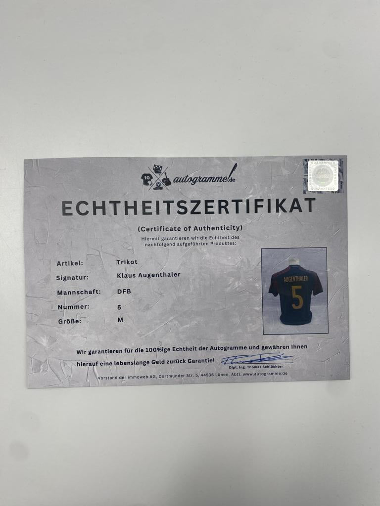 DFB jersey signed by Klaus Augenthaler, Adidas COA Germany autograph M