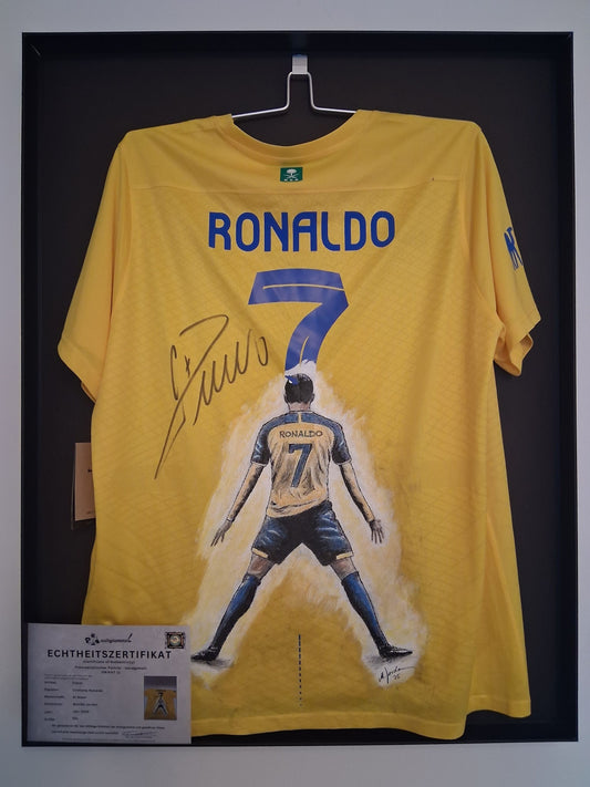 Al Nassr Trikot Portrait Ronaldo handgemalt und signiert im Rahmen XXL