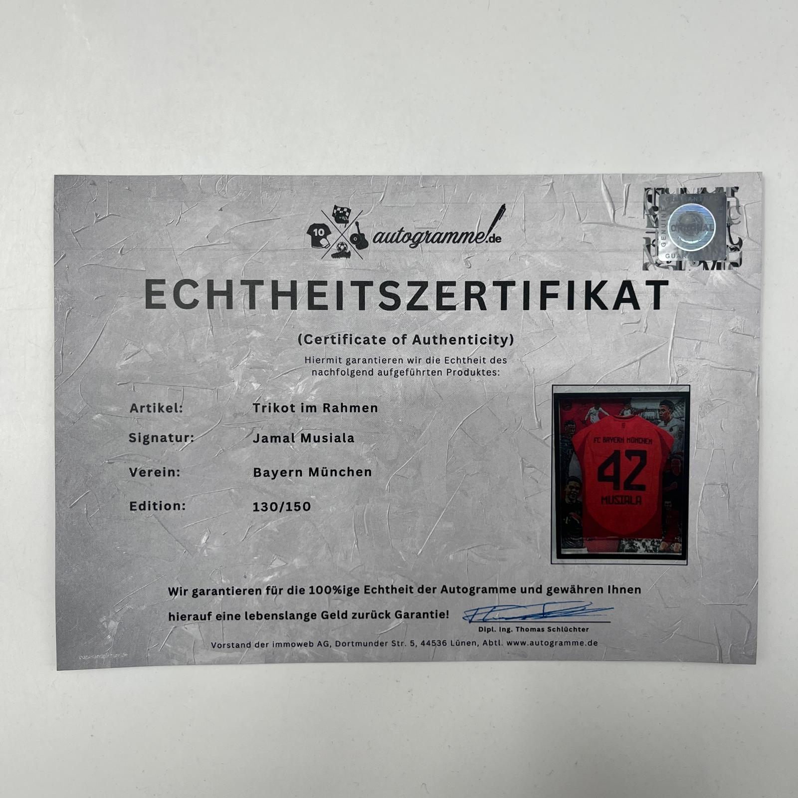 Bayern München Trikot Jamal Musiala signiert im Nielsen-Rahmen COA Adidas