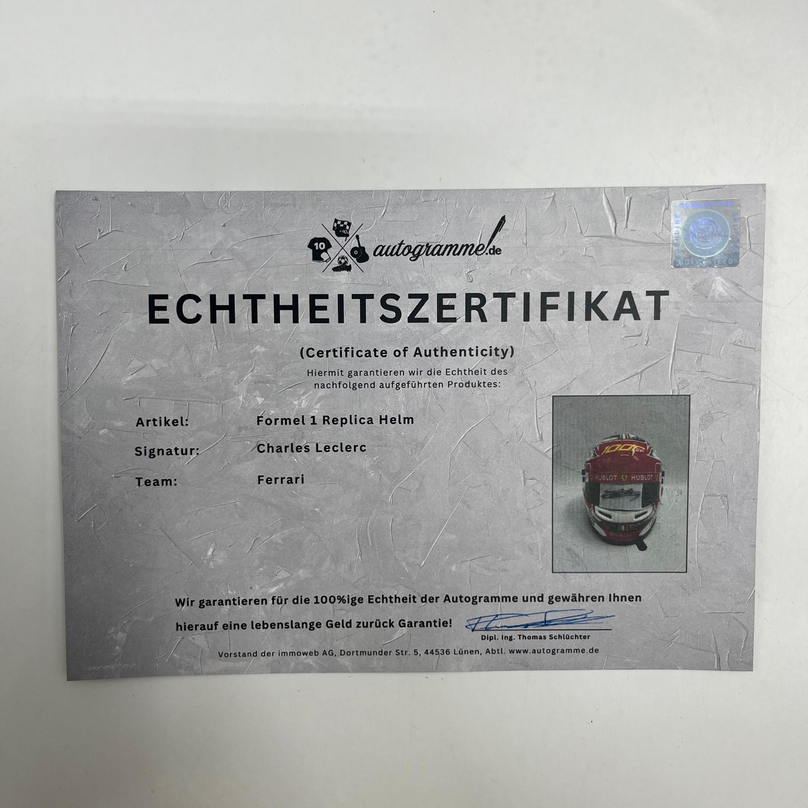 Charles Leclerc Formel 1 Helm Unterschrift und Echtheitszertifikat 1:1