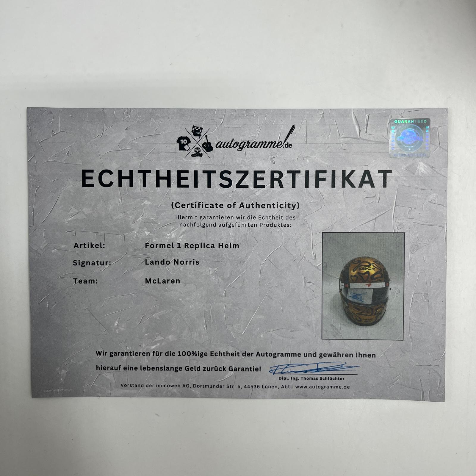 Lando Norris Formel 1 Helm Unterschrift und Echtheitszertifikat 1:1