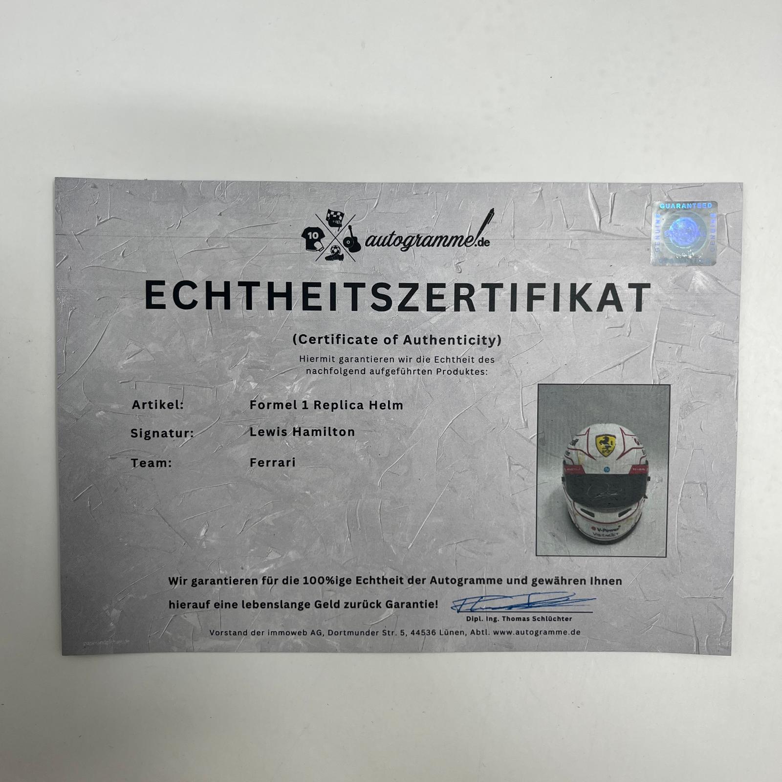 Lewis Hamilton Formel 1 Helm Unterschrift und Echtheitszertifikat 1:1