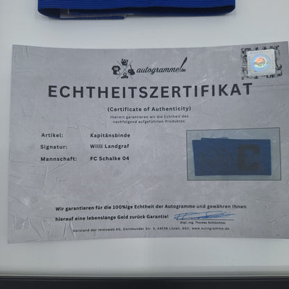 Kapitänsbinde Willi Landgraf signiert im Rahmen Schalke 04 COA blau