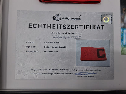 Captain's armband signed by Robert Lewandowski in a frame FC Barcelona football autograph