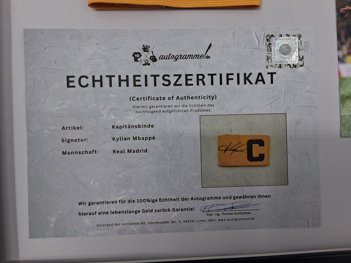 Kapitänsbinde Kylian Mbappe signiert im Rahmen Real Madrid COA Neu Autogramm