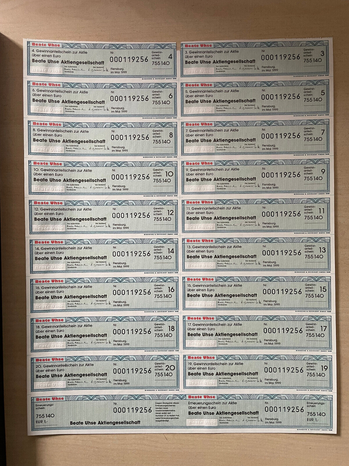 Original Beate Uhse share, signed and framed - autograph Uhse and Lindemann