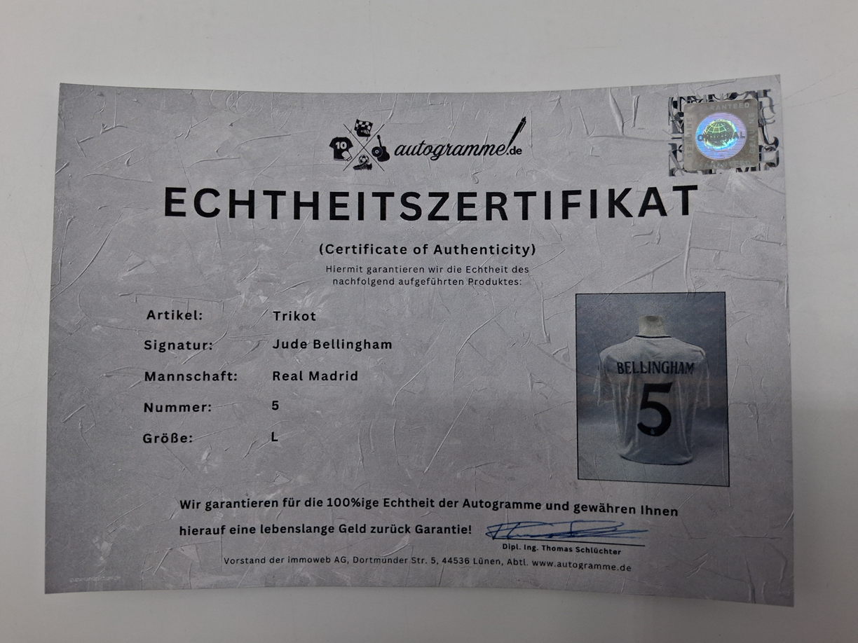 Real Madrid Trikot Jude Bellingham signiert Autogramm Adidas COA L