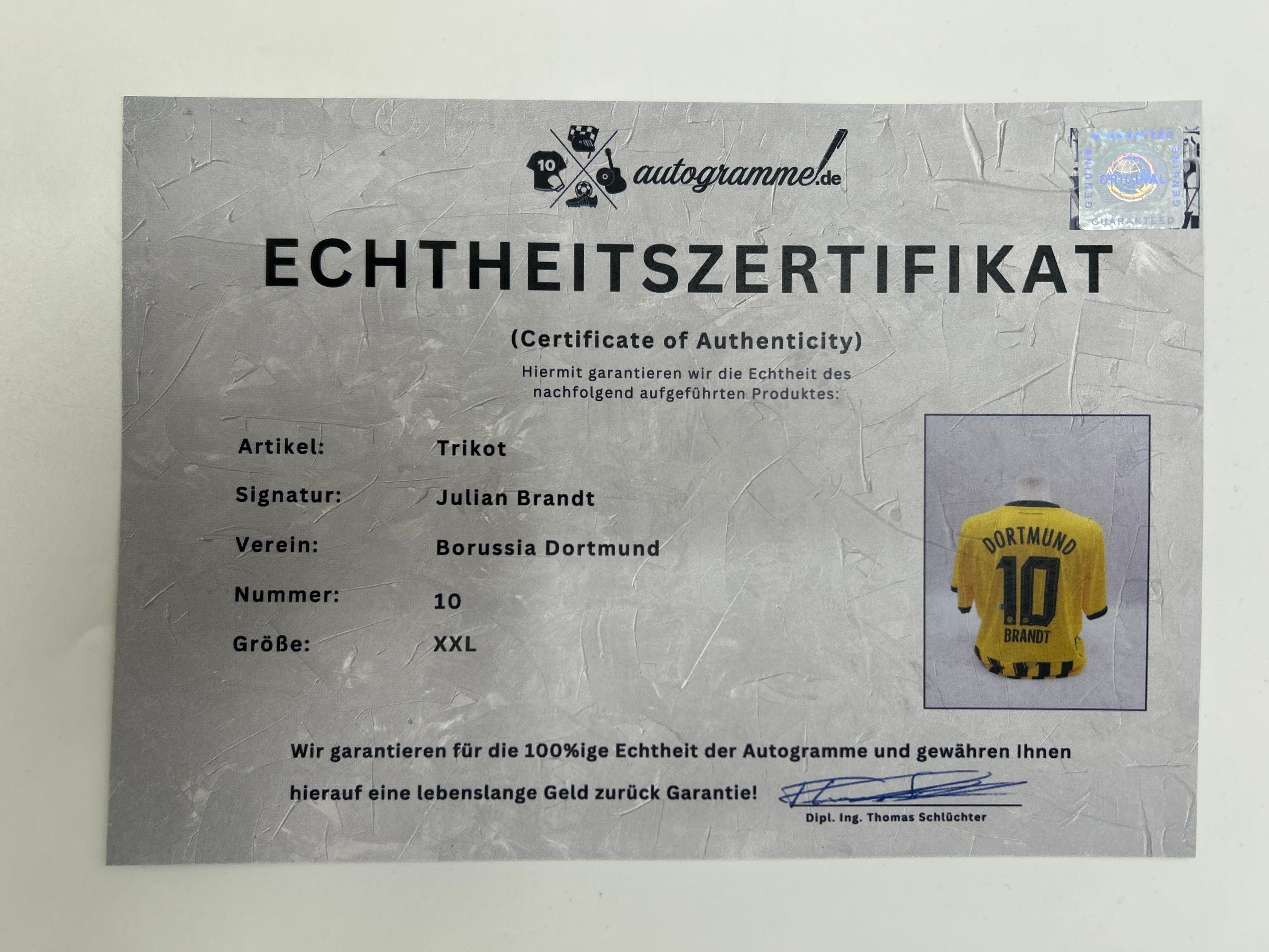 Borussia Dortmund jersey signed by Julian Brandt, BVB Puma autograph XXL