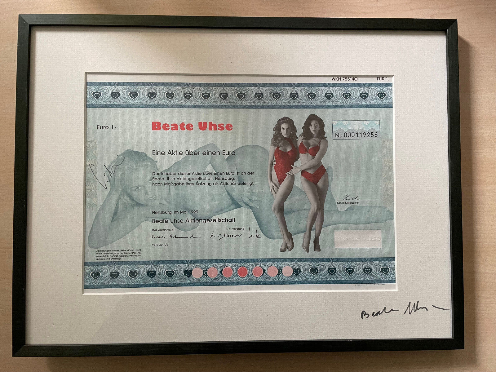 Original Beate Uhse share, signed and framed - autograph Uhse and Lindemann