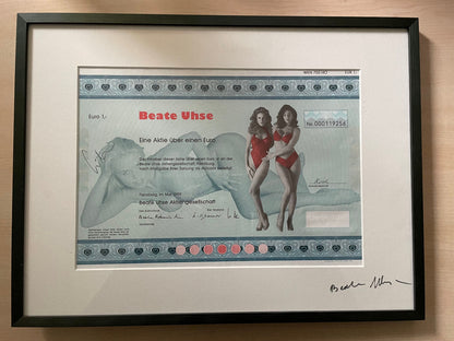 Original Beate Uhse share, signed and framed - autograph Uhse and Lindemann