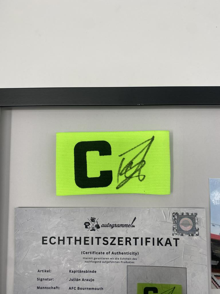 Captain's armband signed by Julian Araujo in a frame AFC Bournemouth football autograph