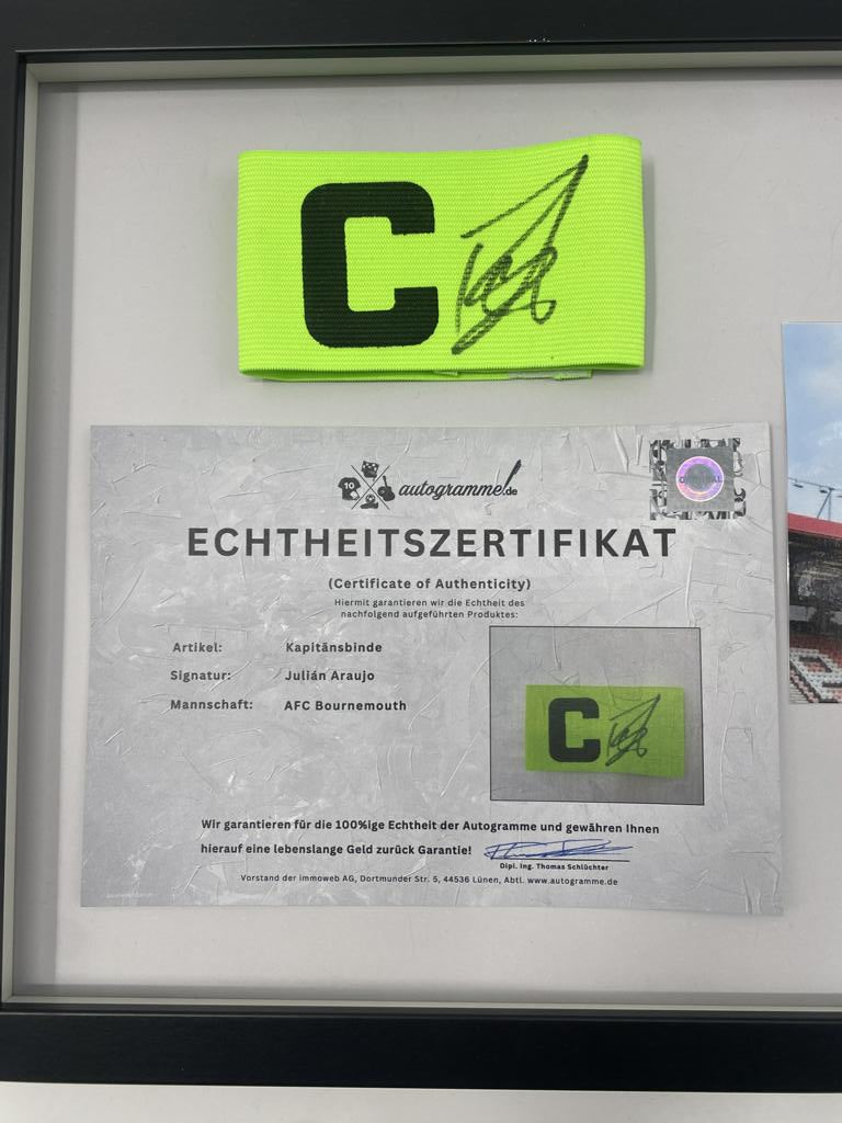 Captain's armband signed by Julian Araujo in a frame AFC Bournemouth football autograph