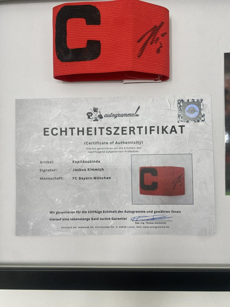 Captain's armband Joshua Kimmich signed in a Bayern Munich autograph COA frame